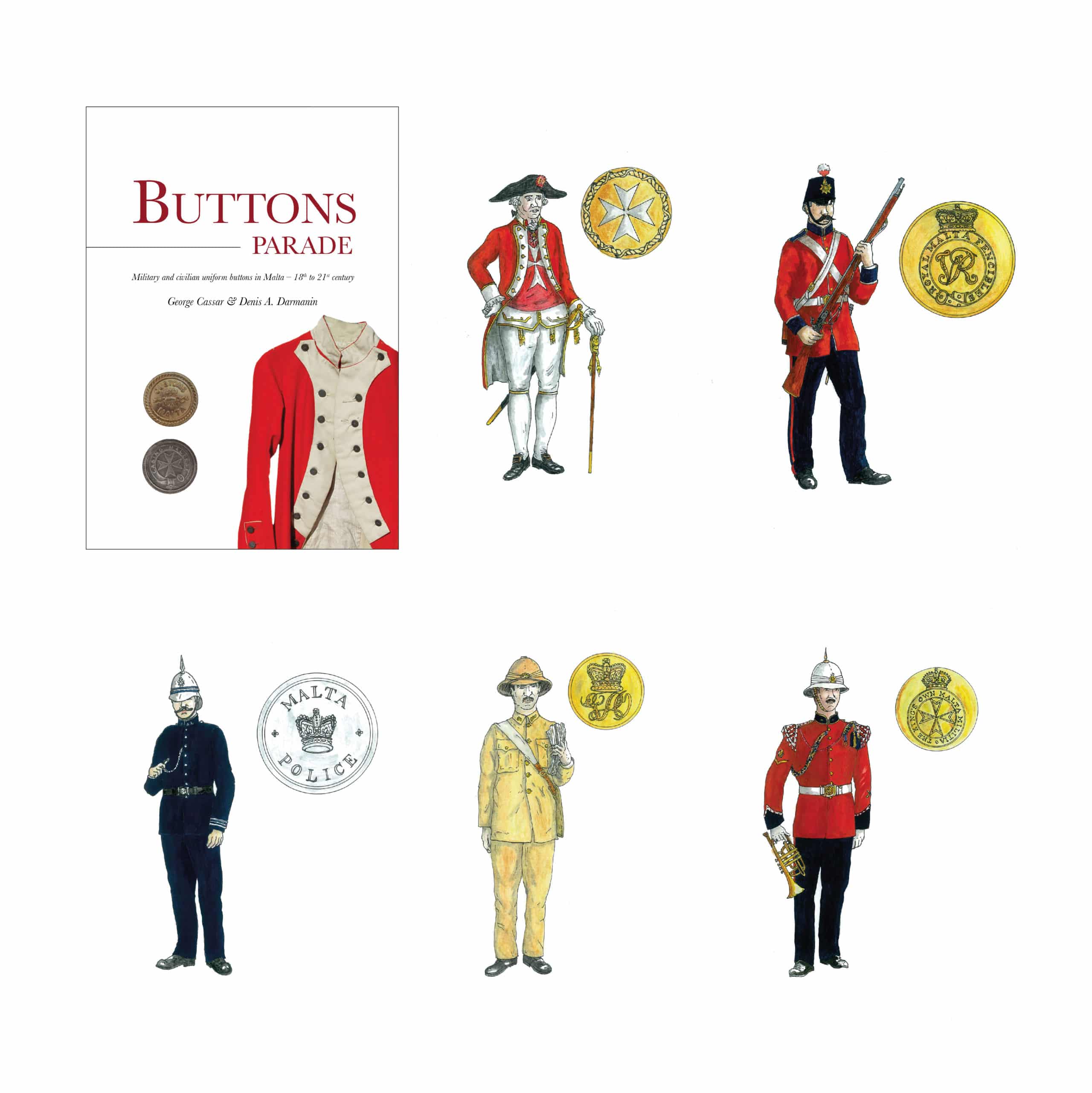 BOOK + 5 PRINTS, numbered and signed. Buttons Parade, Military and civilian uniform buttons in Malta –18th to 21st century